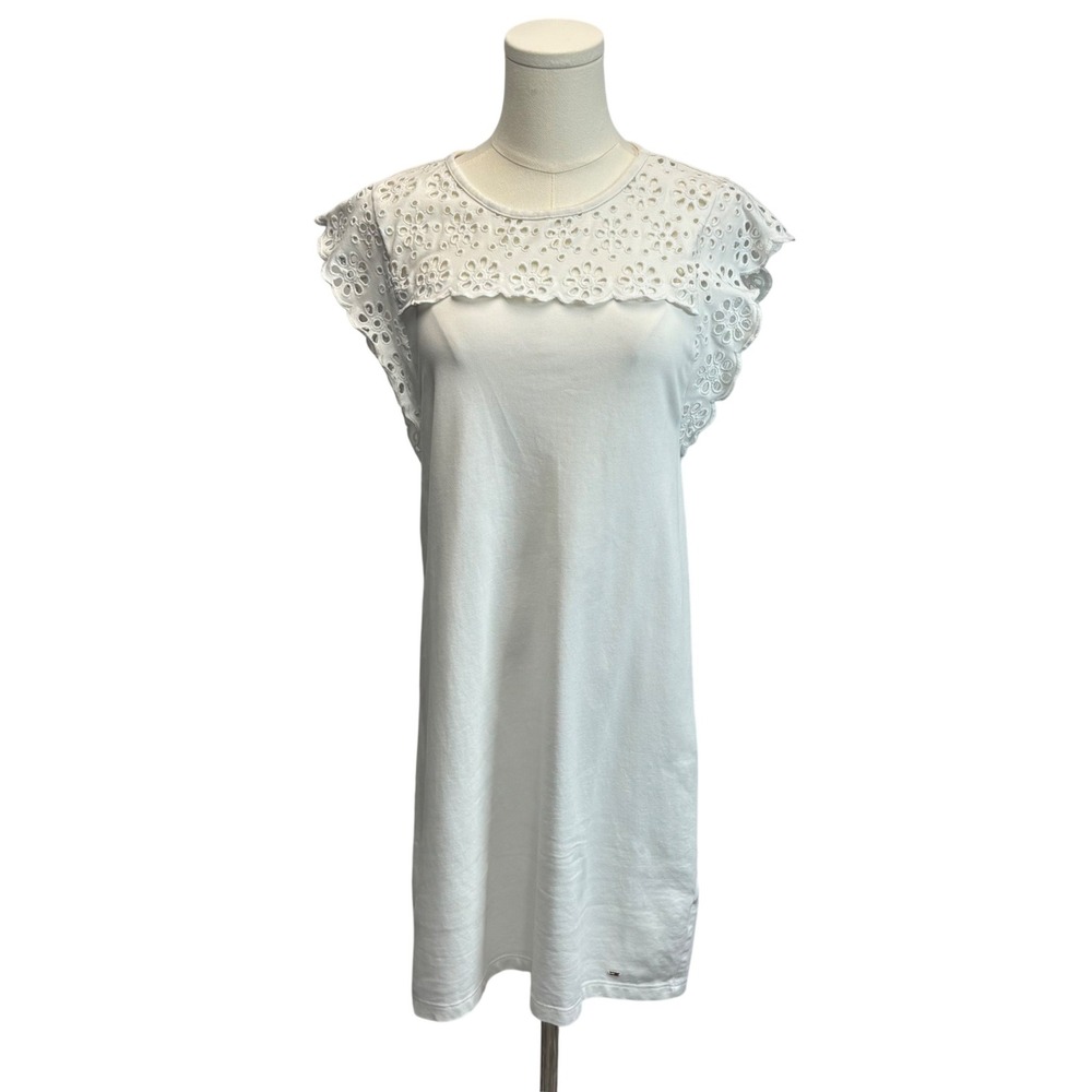 Tommy Hilfiger Eyelet T-Shirt Dress White‎ Flutter Sleeve Preppy Coastal Sz S